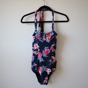 Seafolly Vintage-Style One Piece Floral & Navy Blue Swimsuit Size 4